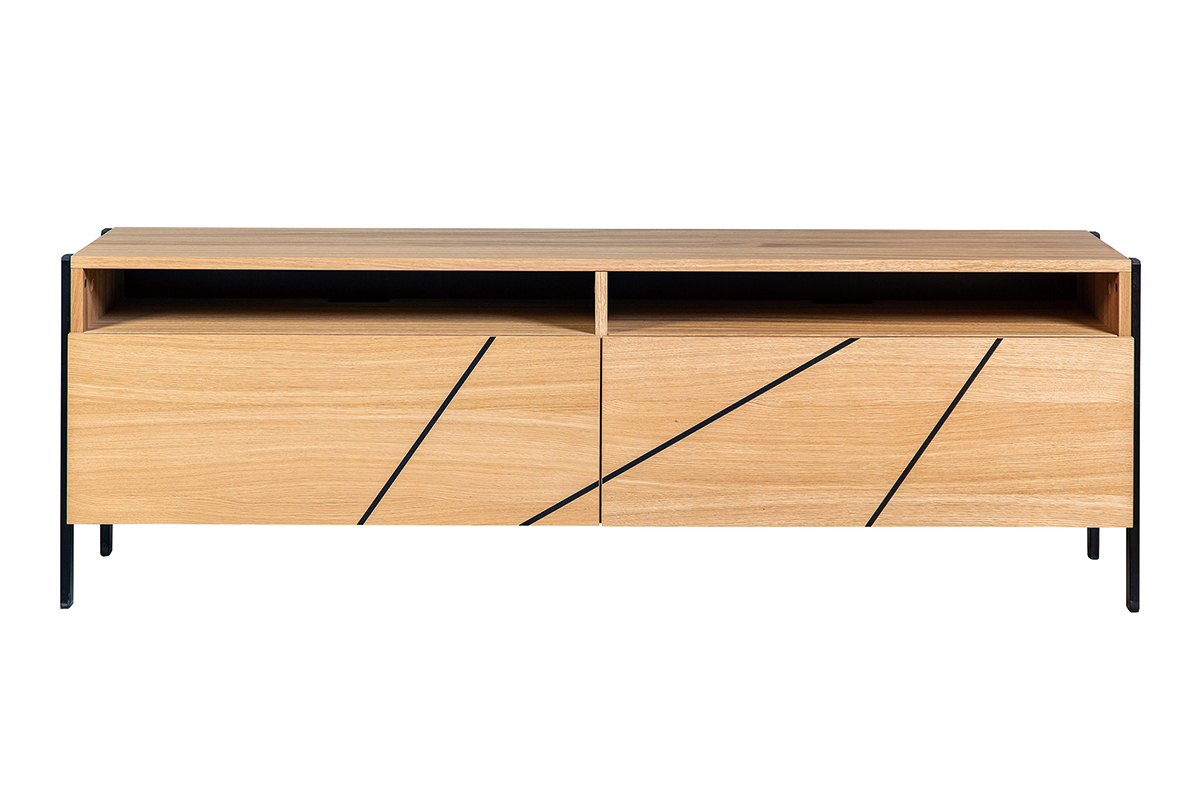Modernes TV-Lowboard mit eingraviertem Motiv in Eichenholz und schwarzes Metall B163 cm ICODE