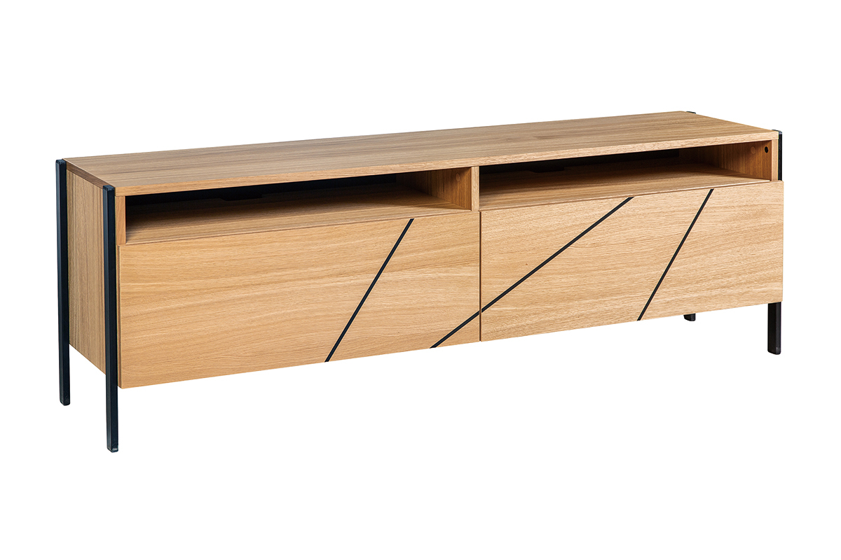 Modernes TV-Lowboard mit eingraviertem Motiv in Eichenholz und schwarzes Metall B163 cm ICODE