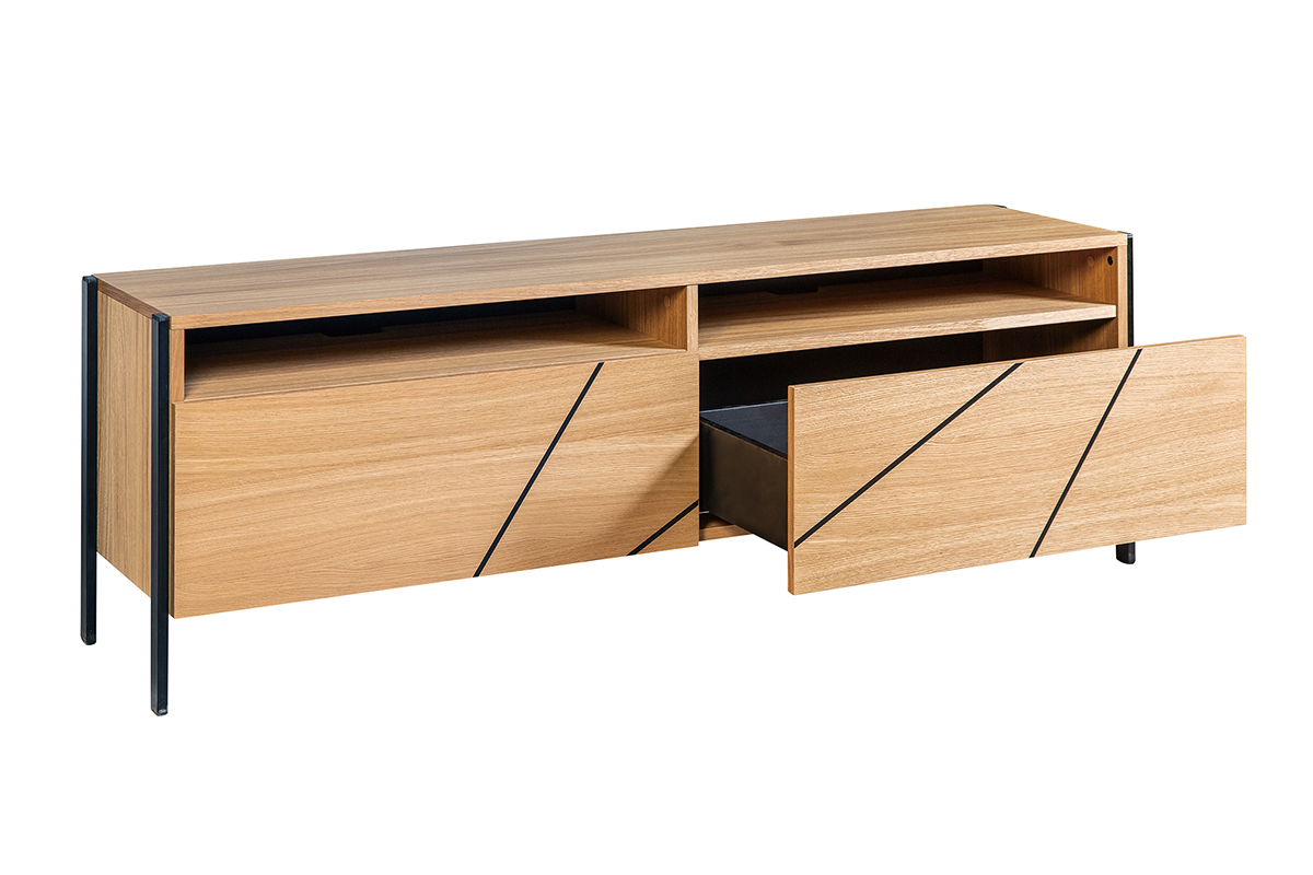 Modernes TV-Lowboard mit eingraviertem Motiv in Eichenholz und schwarzes Metall B163 cm ICODE
