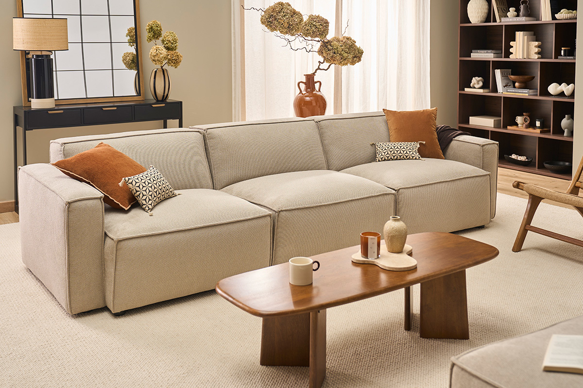 Modul rechts f�r Sofa in beigefarbenem Samt-Effekt Textilstoff SPLIT