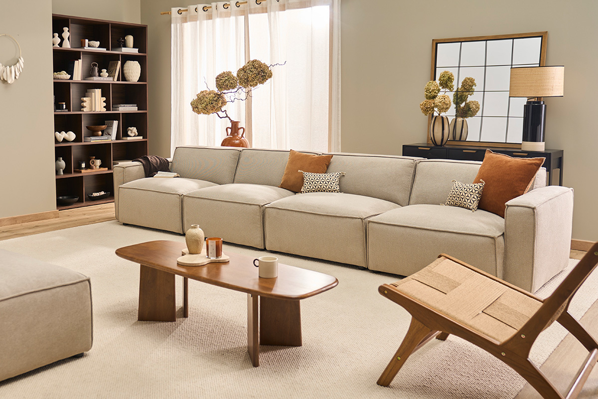 Modul rechts f�r Sofa in beigefarbenem Samt-Effekt Textilstoff SPLIT