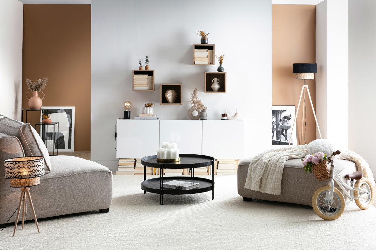 Modulare Sofa-Fusttze aus beigem Stoff PLURIEL