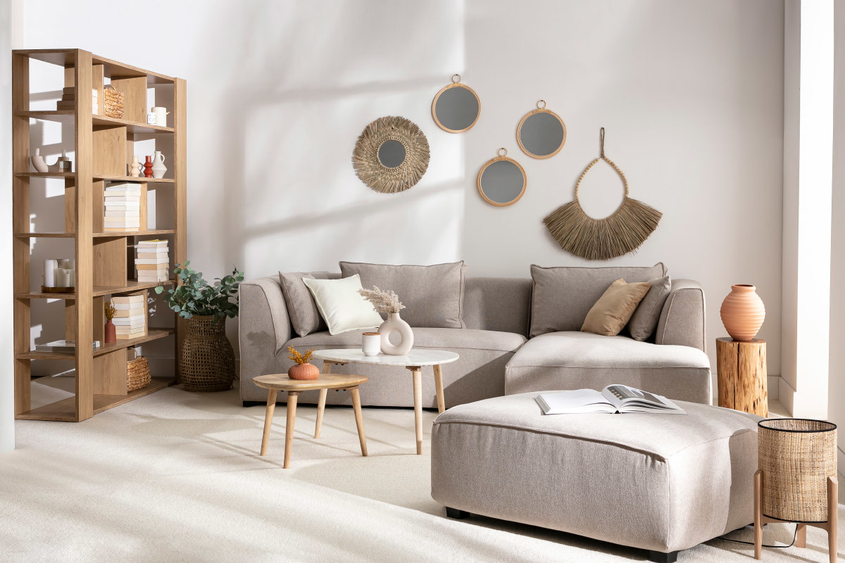 Modulare Sofa-Fusttze aus beigem Stoff PLURIEL