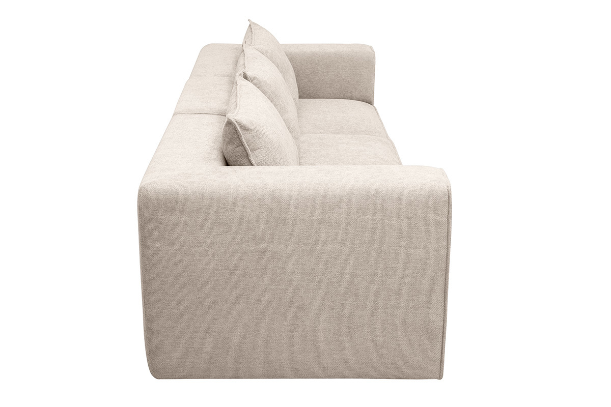 Modulares 4-Sitzer-Sofa aus beigem Stoff in strukturierter Samtoptik, Seitenansicht.