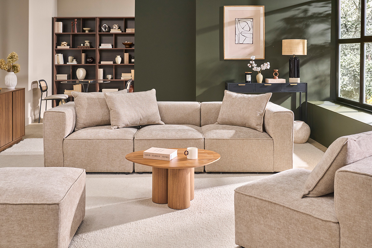 Modulares 4-Sitzer-Sofa aus beigem strukturiertem Samteffekt-Gewebe KERRY