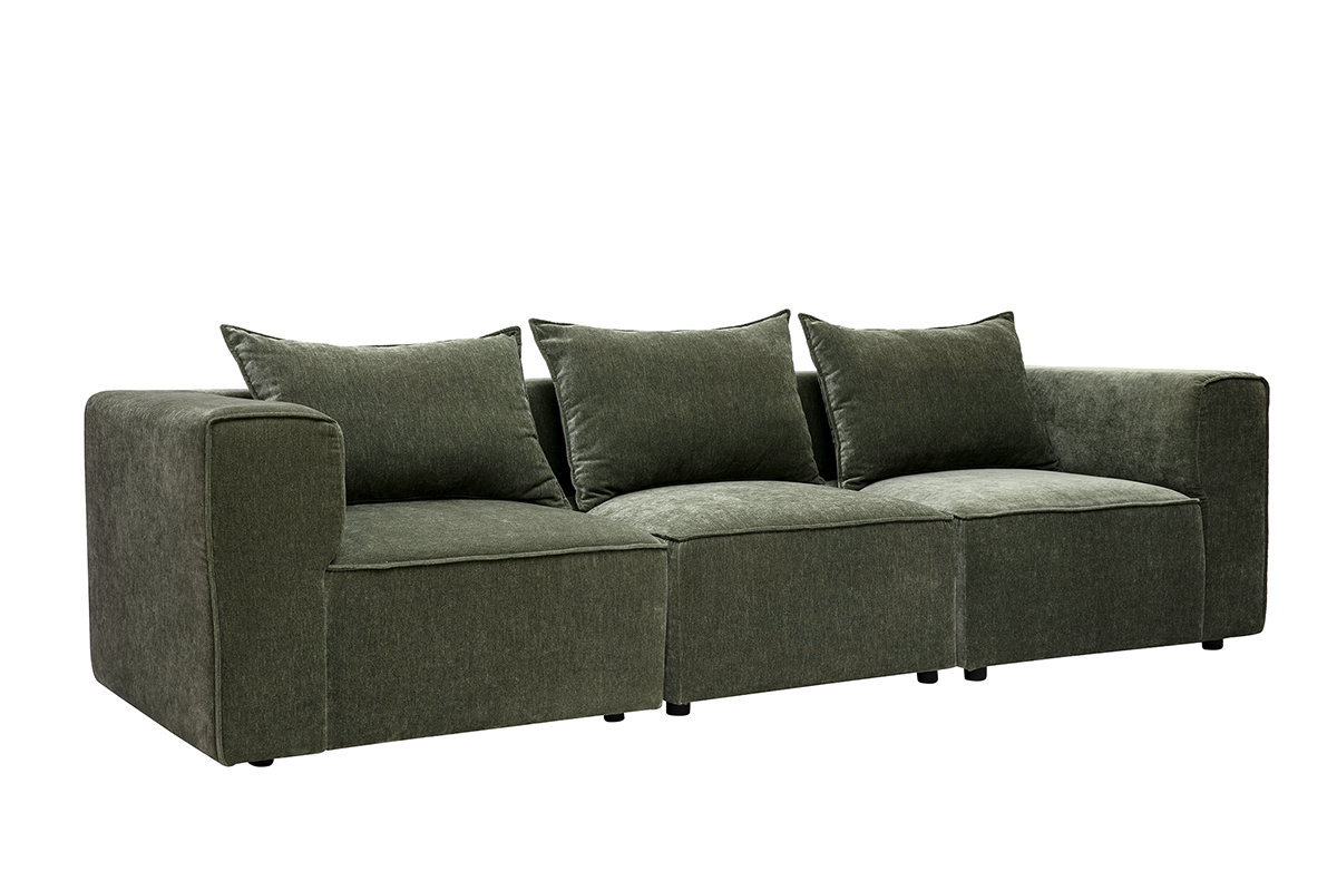 Modulares 4-Sitzer-Sofa aus Stoff mit samtiger Optik in Khaki-Gr�n, 3/4-Ansicht.