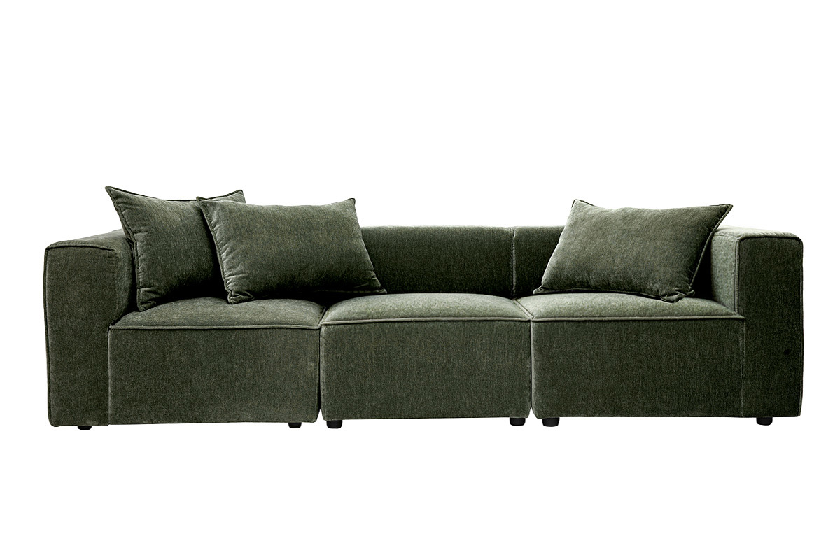 Modulares 4-Sitzer-Sofa aus Stoff mit Samteffekt in Khaki-Gr�n, Frontalansicht mit Kissen.