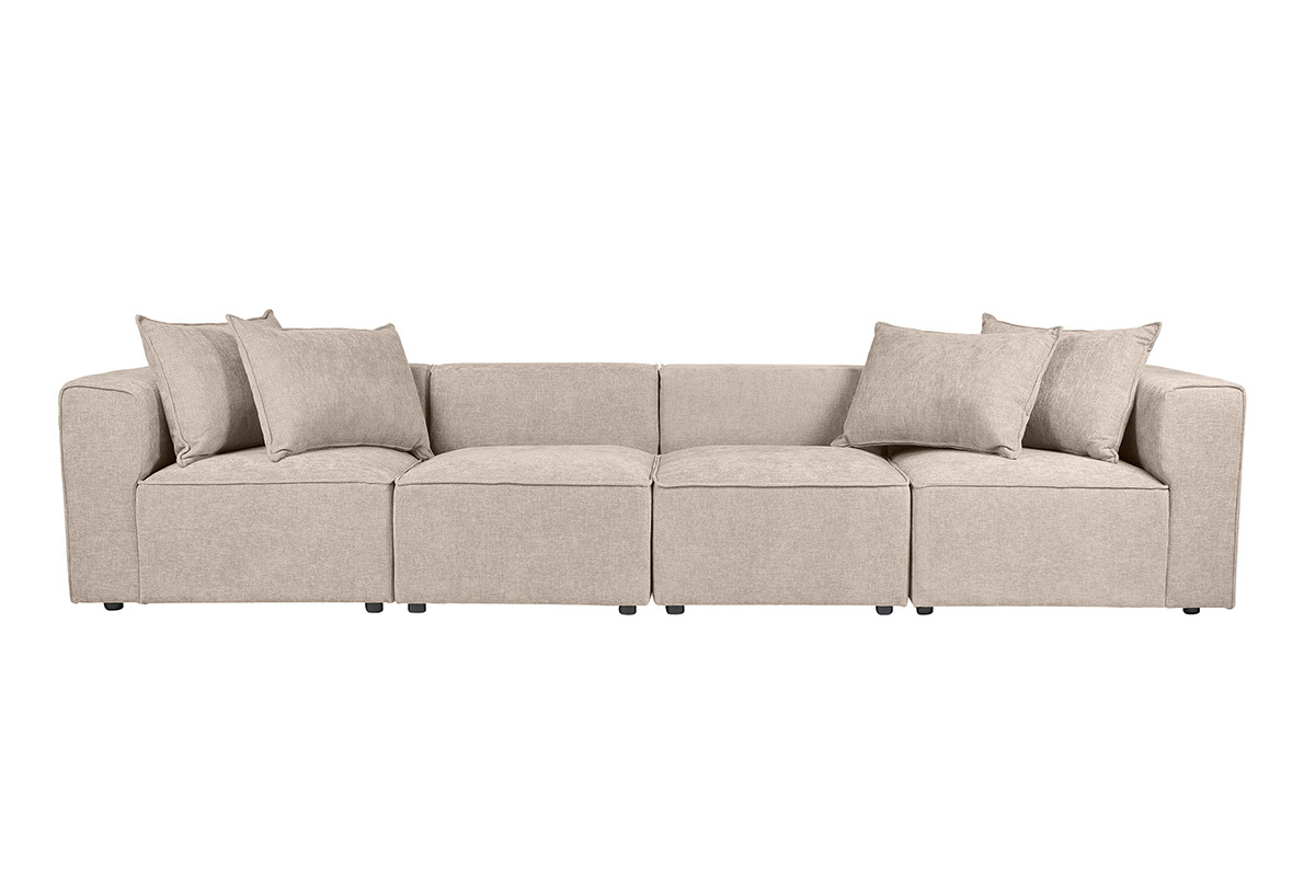 Modulares 5-Sitzer-Sofa aus beigem Stoff in strukturierter Samtoptik, Frontansicht
