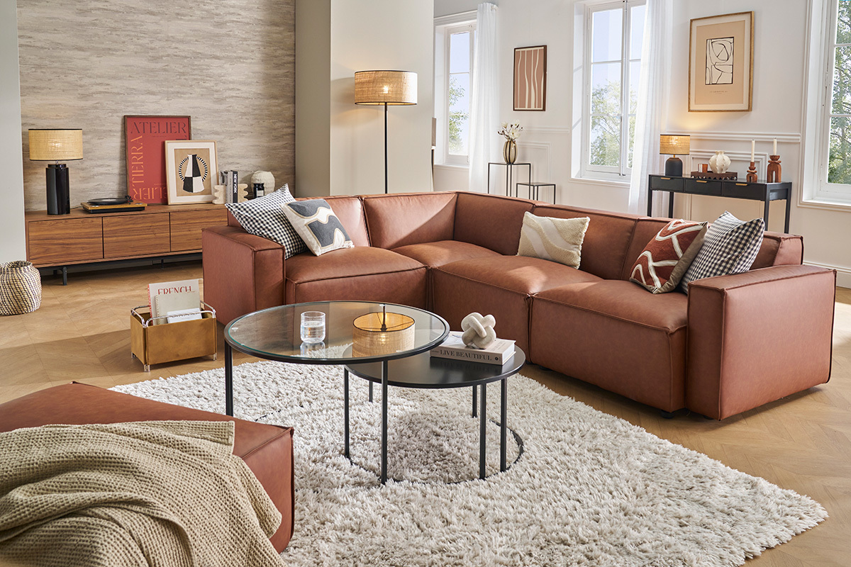 Modulares Ecksofa 5 Pl�tze in beige Samtoptik strukturiertem Stoff SPLIT