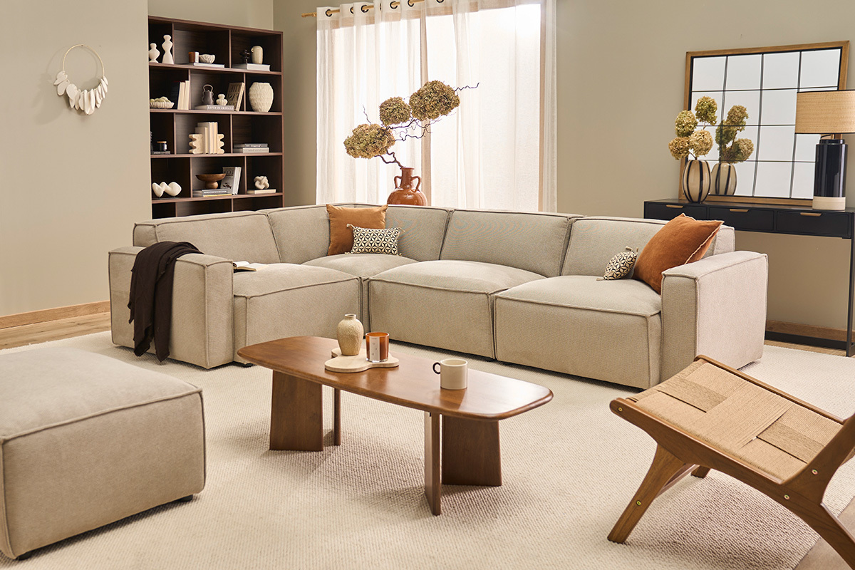 Modulares Ecksofa 5 Pl�tze in beige Samtoptik strukturiertem Stoff SPLIT