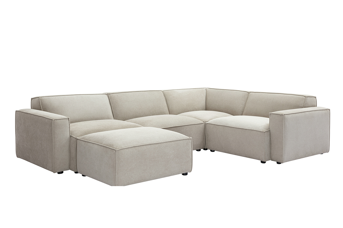 Modulares Ecksofa 5 Sitzpltze und Hocker in beigem Samt-Effekt Textilstoff SPLIT