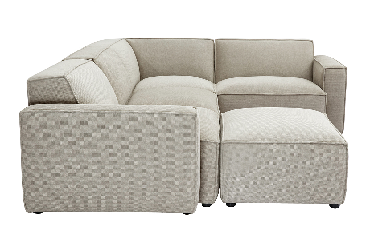 Modulares Ecksofa 5 Sitzpltze und Hocker in beigem Samt-Effekt Textilstoff SPLIT