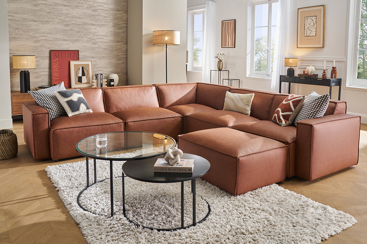 Modulares Ecksofa 5 Sitzpltze und Hocker in beigem Samt-Effekt Textilstoff SPLIT