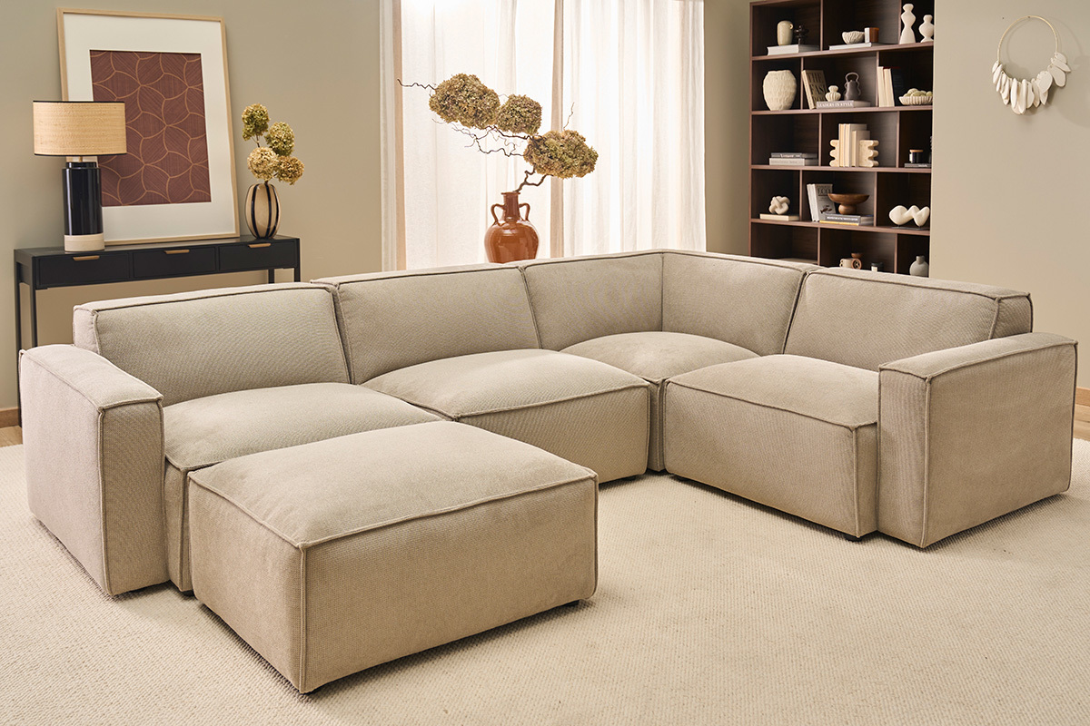 Modulares Ecksofa 5 Sitzpl�tze und Hocker in beigem Samt-Effekt Textilstoff SPLIT