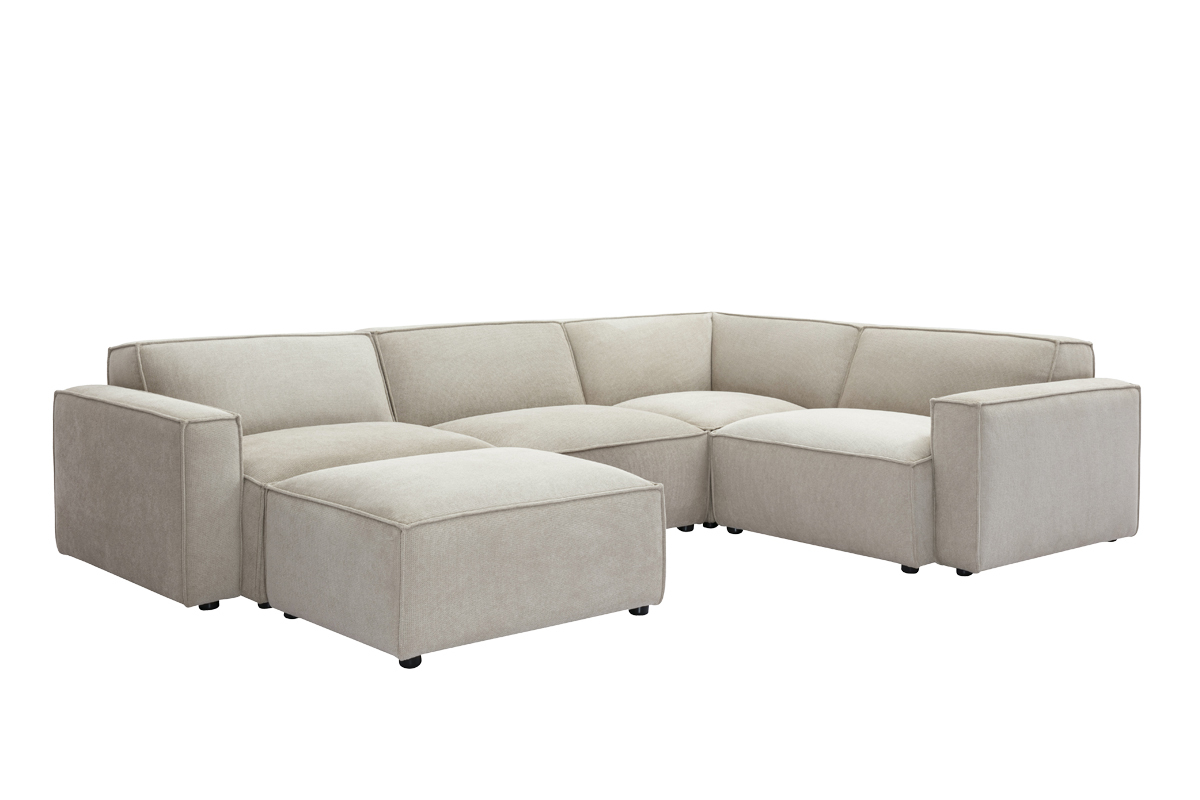 Modulares Ecksofa 5 Sitzpl�tze und Hocker in beigem Samt-Effekt Textilstoff SPLIT