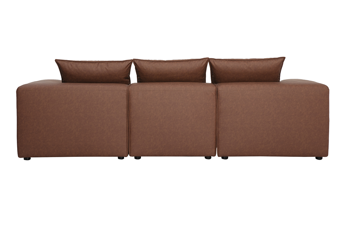 Modulares 4-Sitzer-Ecksofa aus braunem Leder von hinten mit Kissen