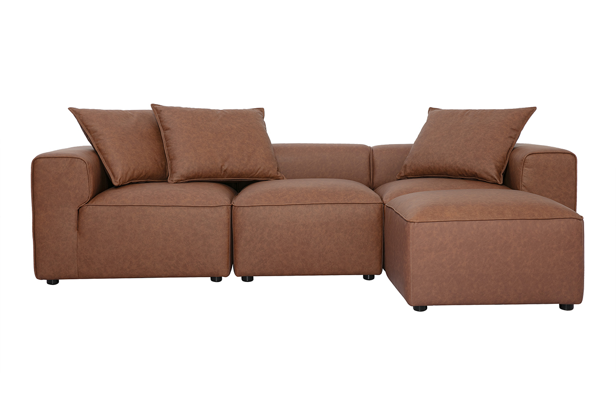 Modulares Ecksofa f�r 4 Personen aus braunem Leder, Vorderansicht mit Kissen.