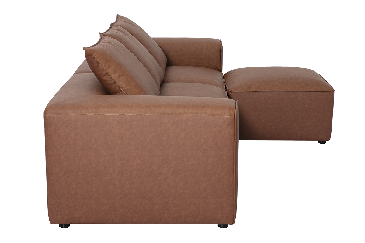 Modulares Ecksofa f�r 4 Personen aus braunem Leder, Seitenansicht mit Hocker.