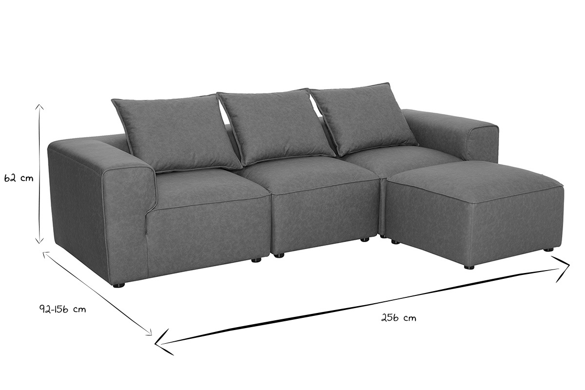 Abmessungen des modularen 4-Sitzer-Ecksofas in Schwarz und Wei�, 256 cm x 92-156 cm x 62 cm.