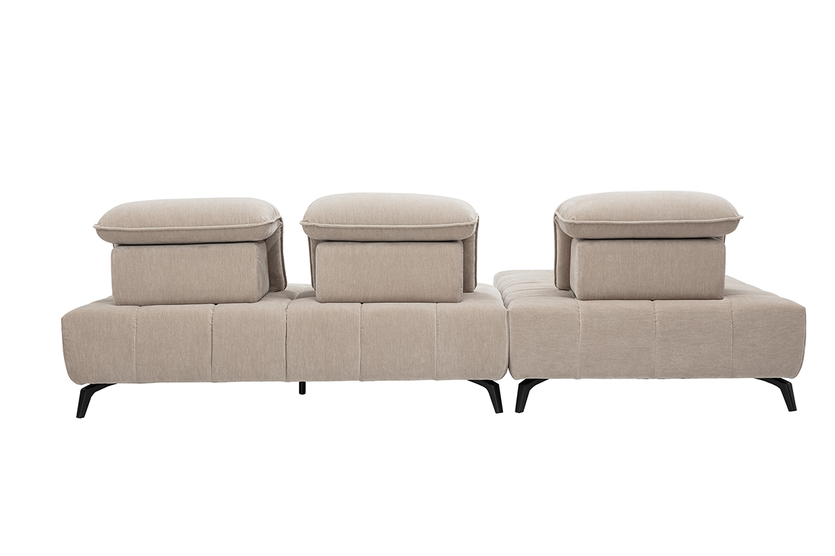 Modulares 4-Sitzer Sofa, Stoff in Samtoptik taupe, R�ckansicht mit verstellbaren Kopfst�tzen, schwarze Metallf��e.