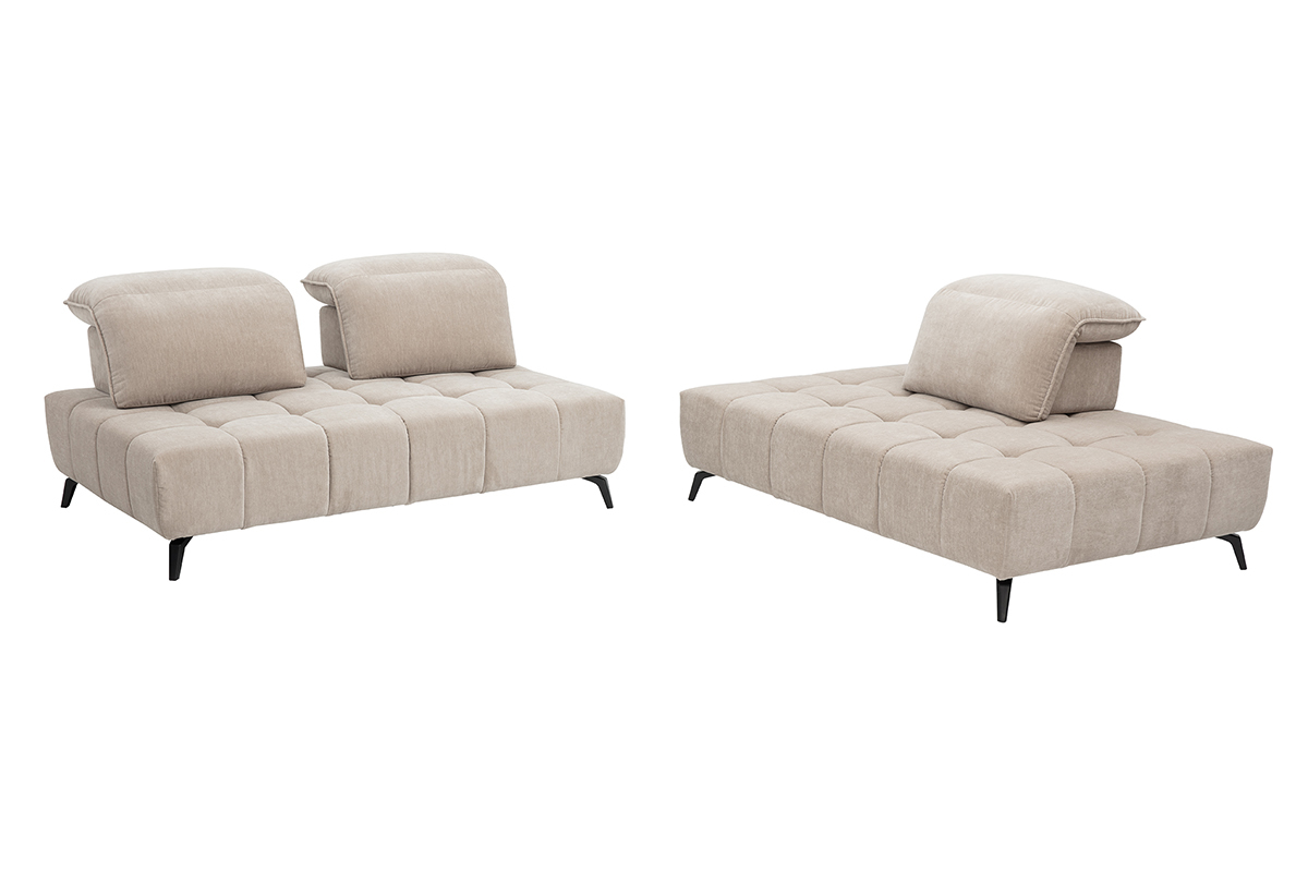 Modulares 4-Sitzer Sofa in taupefarbenem Samtstoff mit verstellbaren Kopfst�tzen, schwarzen Metallf��en.