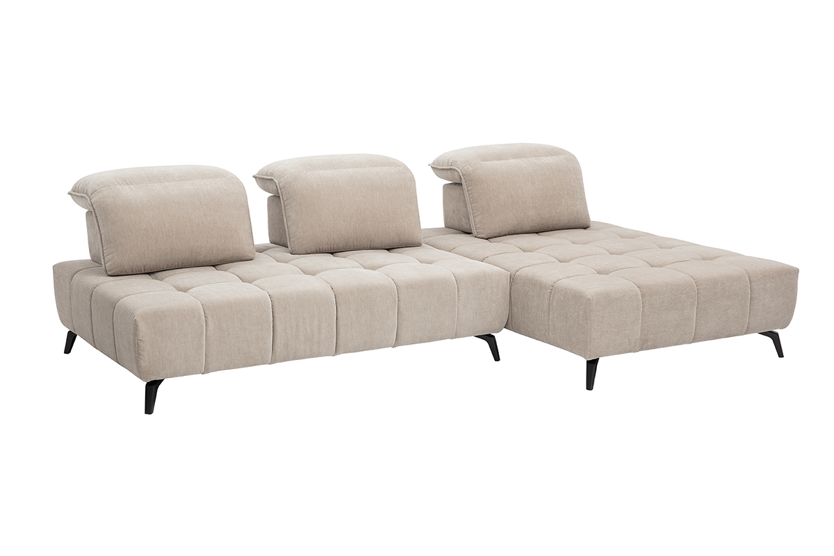 Modulare 4-Sitzer Couch in Taupe Stoff mit verstellbaren Kopfst�tzen, 3/4 Ansicht, schwarze Metallf��e.