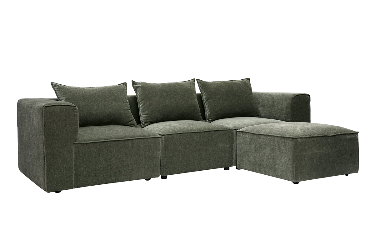 Modulares Ecksofa f�r 4 Personen aus Stoff mit Samteffekt in Khaki-Gr�n, 3/4-Ansicht.