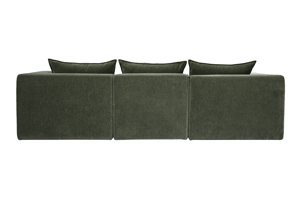 Modulares Ecksofa f�r 4 Personen aus Stoff in samtiger Optik, khaki-gr�n, R�ckansicht.