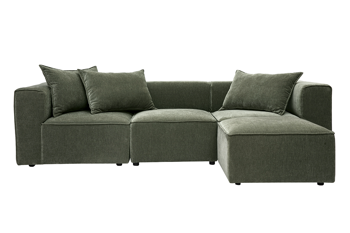 Modulares Ecksofa f�r 4 Personen aus Stoff in khakigr�ner Samtoptik mit Kissen, Vorderansicht