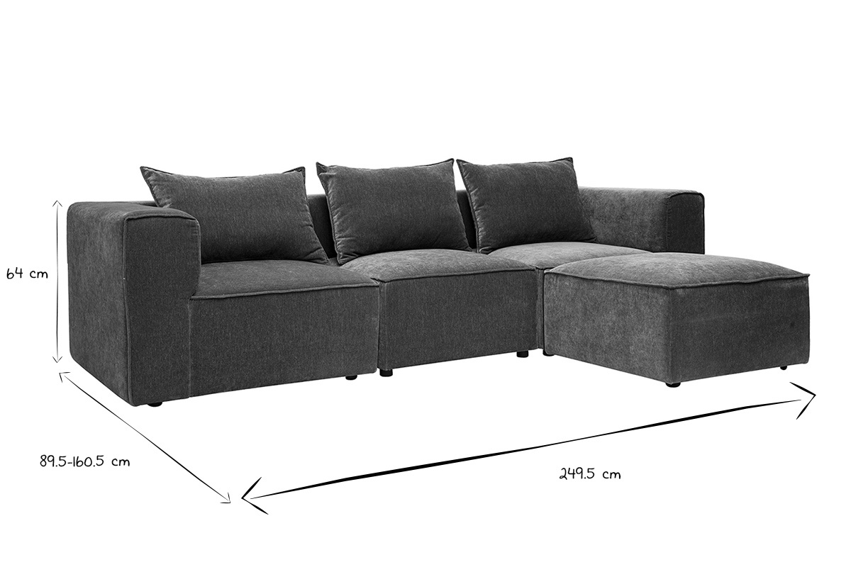 Abmessungen des modularen Ecksofas KERRY in Schwarz und Wei�, L249,5 x T89,5 x H64 cm.