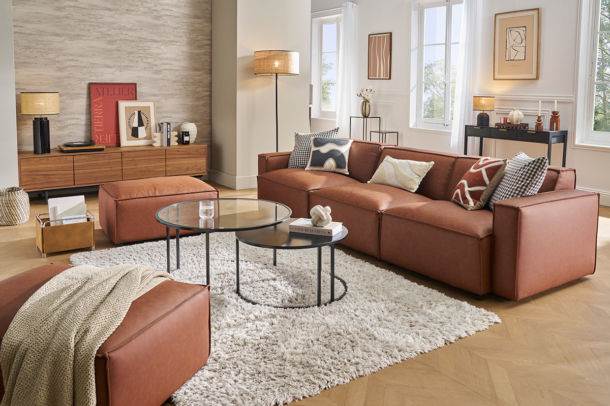 Modulares Sofa f�r 4 Personen in beigem Samt-Textur Stoff SPLIT