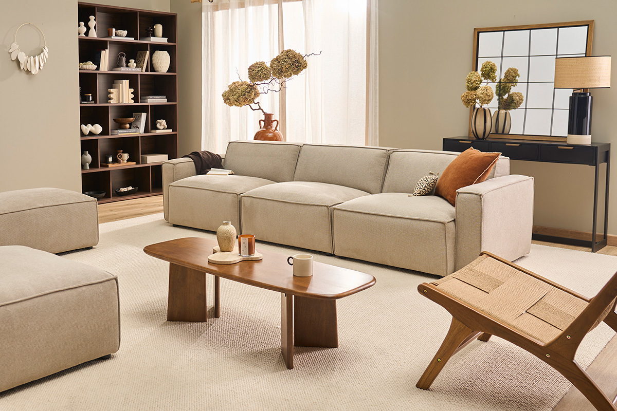 Modulares Sofa f�r 4 Personen in beigem Samt-Textur Stoff SPLIT