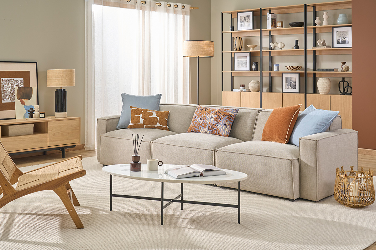 Modulares Sofa f�r 4 Personen in beigem Samt-Textur Stoff SPLIT