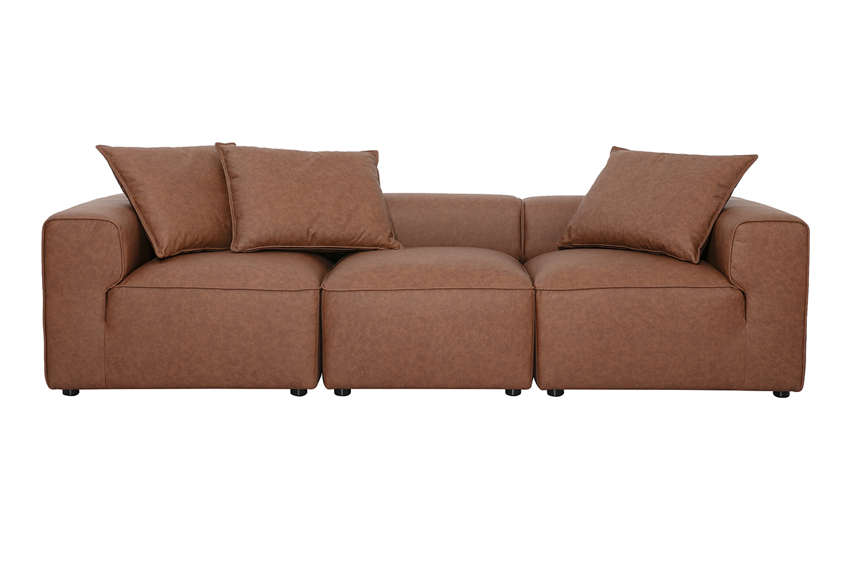 Modulares 4-Sitzer-Sofa aus braunem Leder FERGUS, Frontansicht mit Kissen.