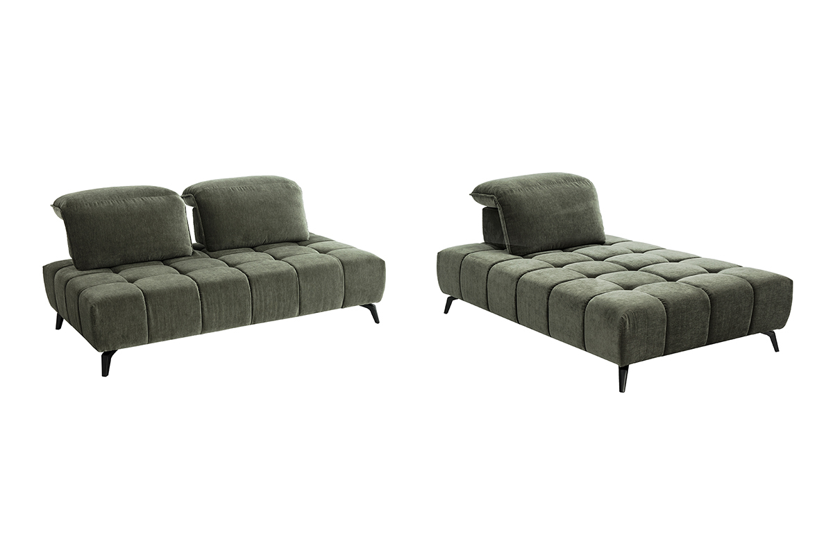Modulares 4-Sitzer Sofa in khakigr�nem Samtstoff mit verstellbaren Kopfst�tzen, schwarzen Metallf��en.