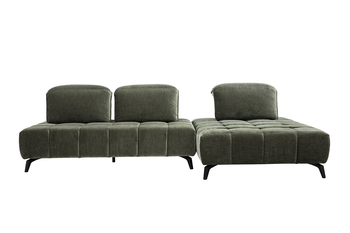 Modulare 4-Sitzer-Couch in Khakigr�n mit verstellbaren Kopfst�tzen und schwarzen Metallf��en, Frontansicht.
