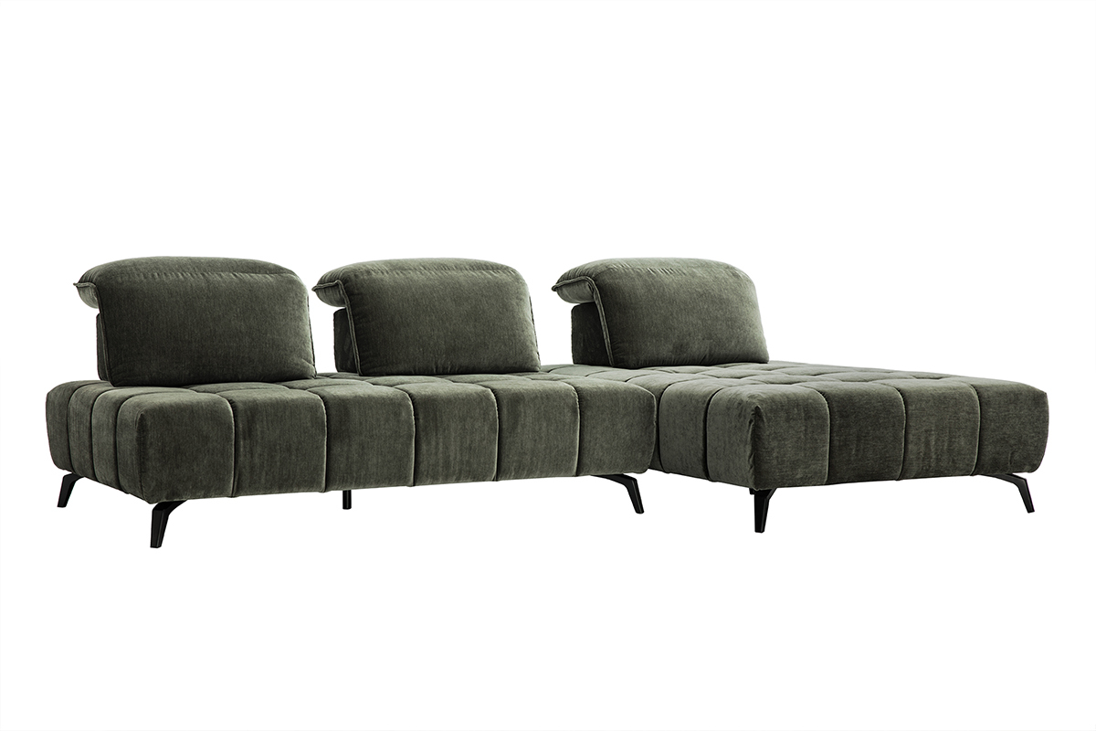 Modulare 4-Sitzer-Couch aus khakigr�nem Samt mit verstellbaren Kopfst�tzen und schwarzen Metallf��en.