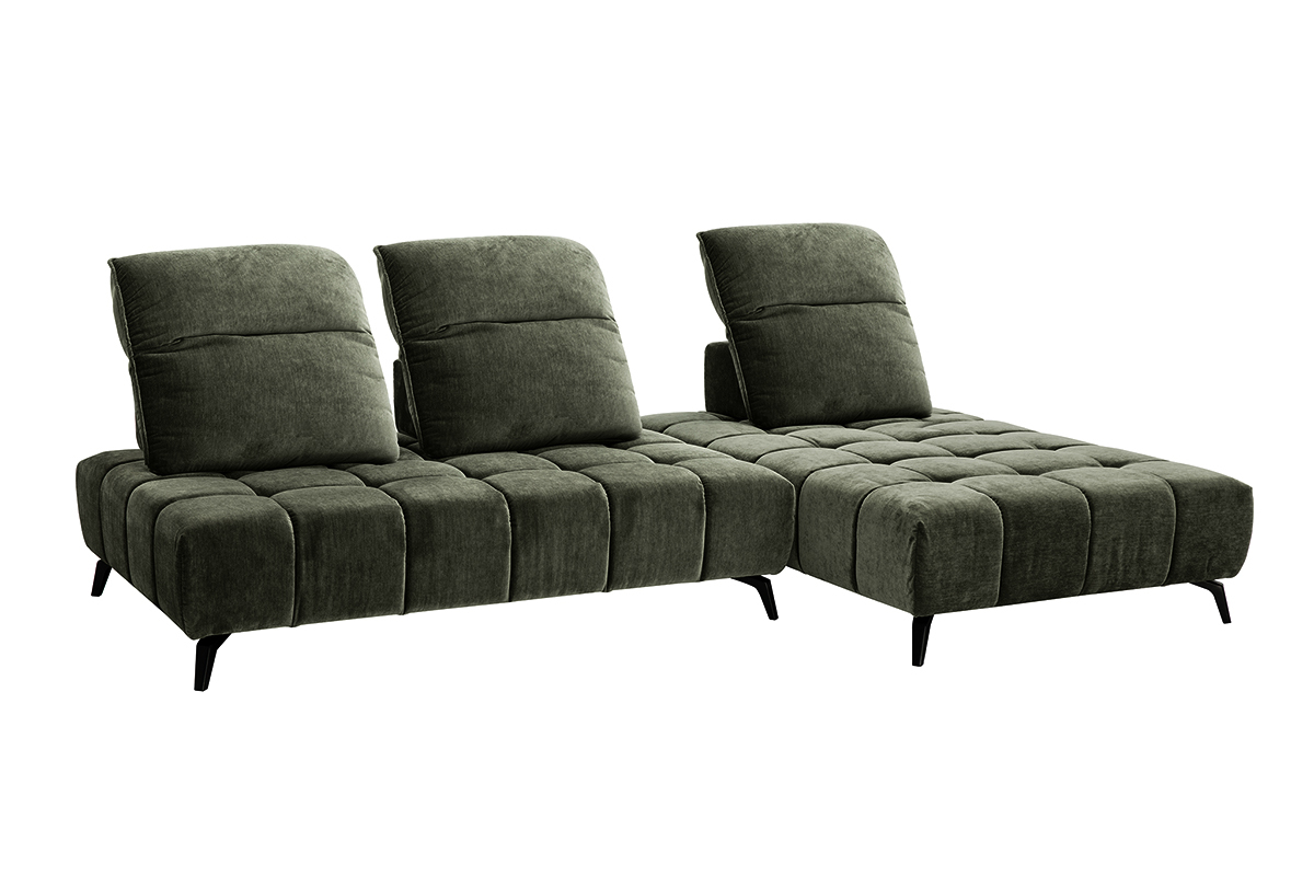 Modulares Sofa mit 4 Pl�tzen und verstellbaren Kopfst�tzen in Samtoptik in Khaki-Gr�n und schwarzem Metall OLMO