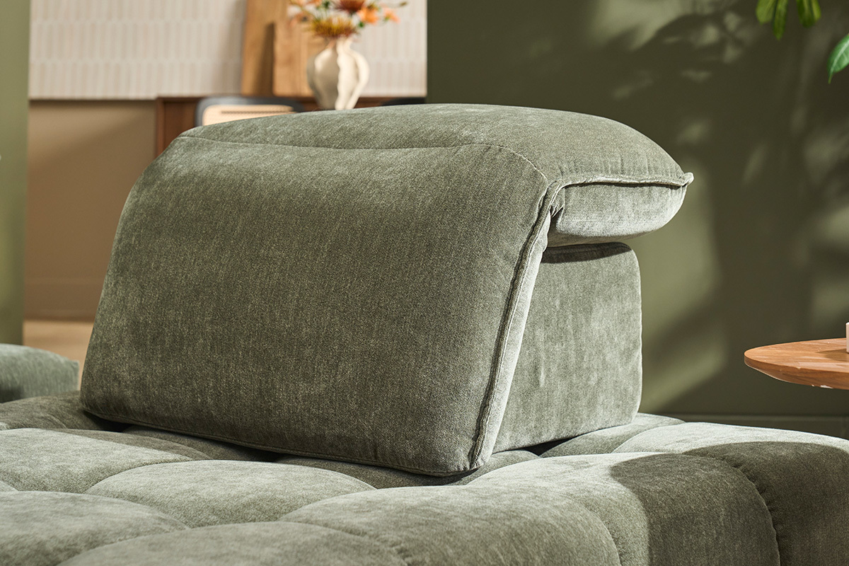 Modulares Sofa mit 4 Pl�tzen und verstellbaren Kopfst�tzen in Samtoptik in Khaki-Gr�n und schwarzem Metall OLMO