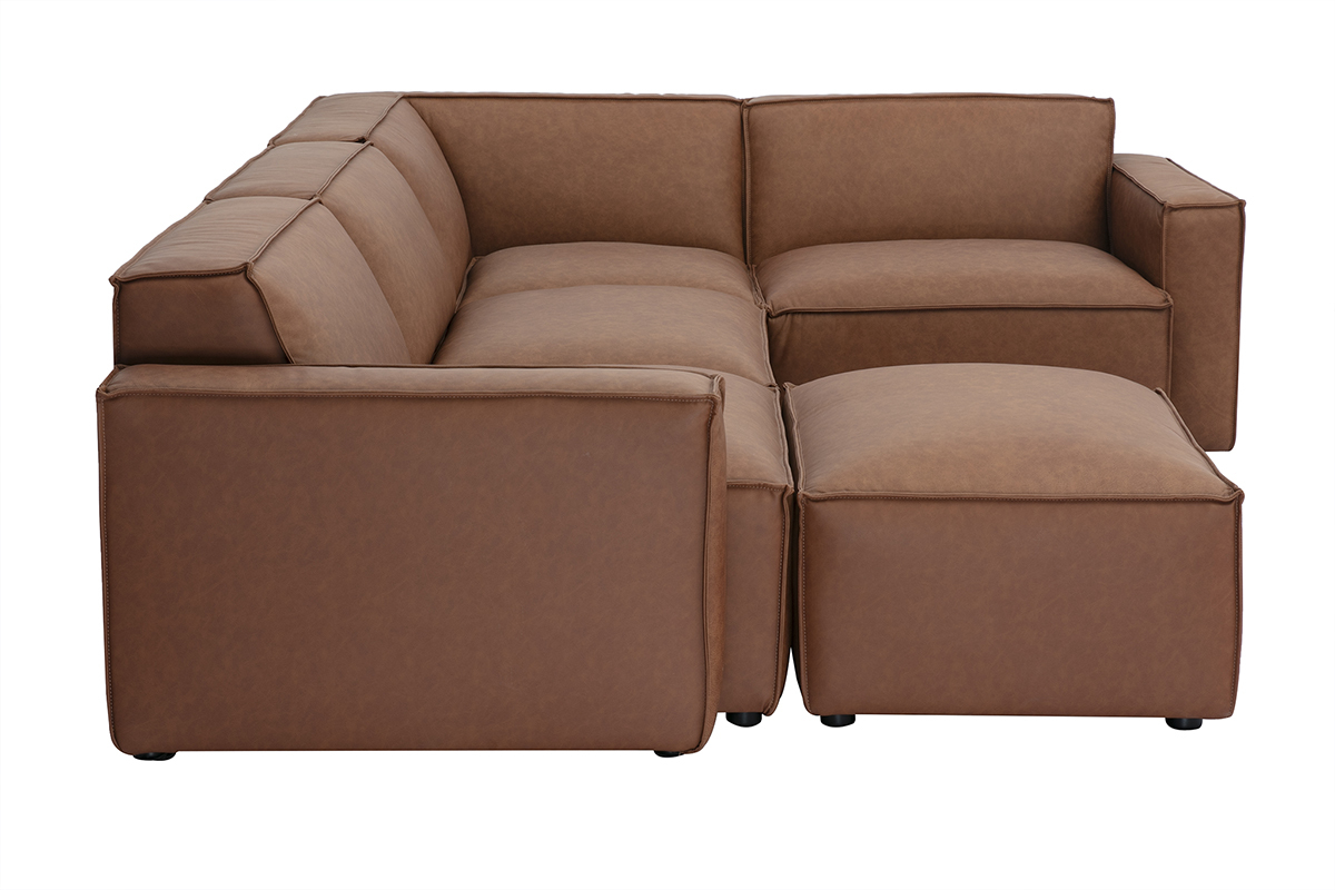 Modulares Vintage-Ecksofa mit 5 Sitzpltzen und Hocker in braunem Leder SPLIT