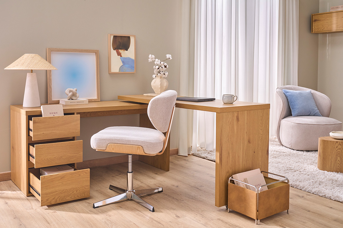 Modulierbarer Schreibtisch mit Stauraum, helle Holzoptik Eiche L153-269 cm MELVIN