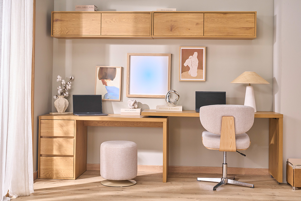 Modulierbarer Schreibtisch mit Stauraum, helle Holzoptik Eiche L153-269 cm MELVIN