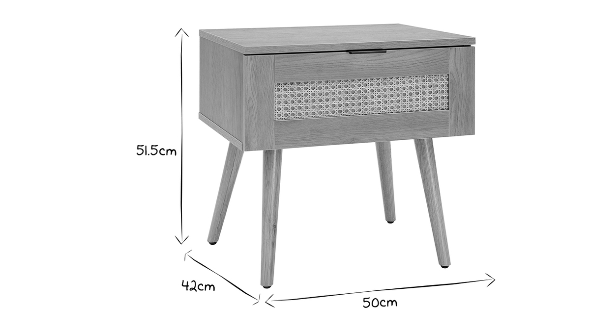 Nachttisch aus hellem Holz, Rattangeflecht und schwarzem Metall L50cm MANILLE