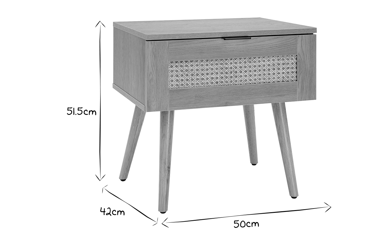 Nachttisch aus hellem Holz, Rattangeflecht und schwarzem Metall MANILLE