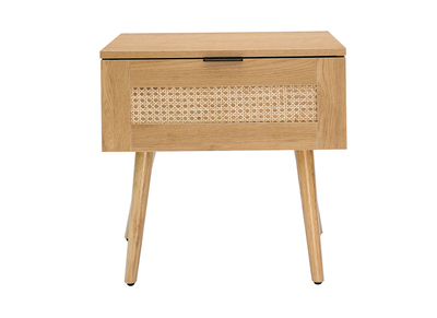 Nachttisch aus hellem Holz, Rattangeflecht und schwarzem Metall MANILLE