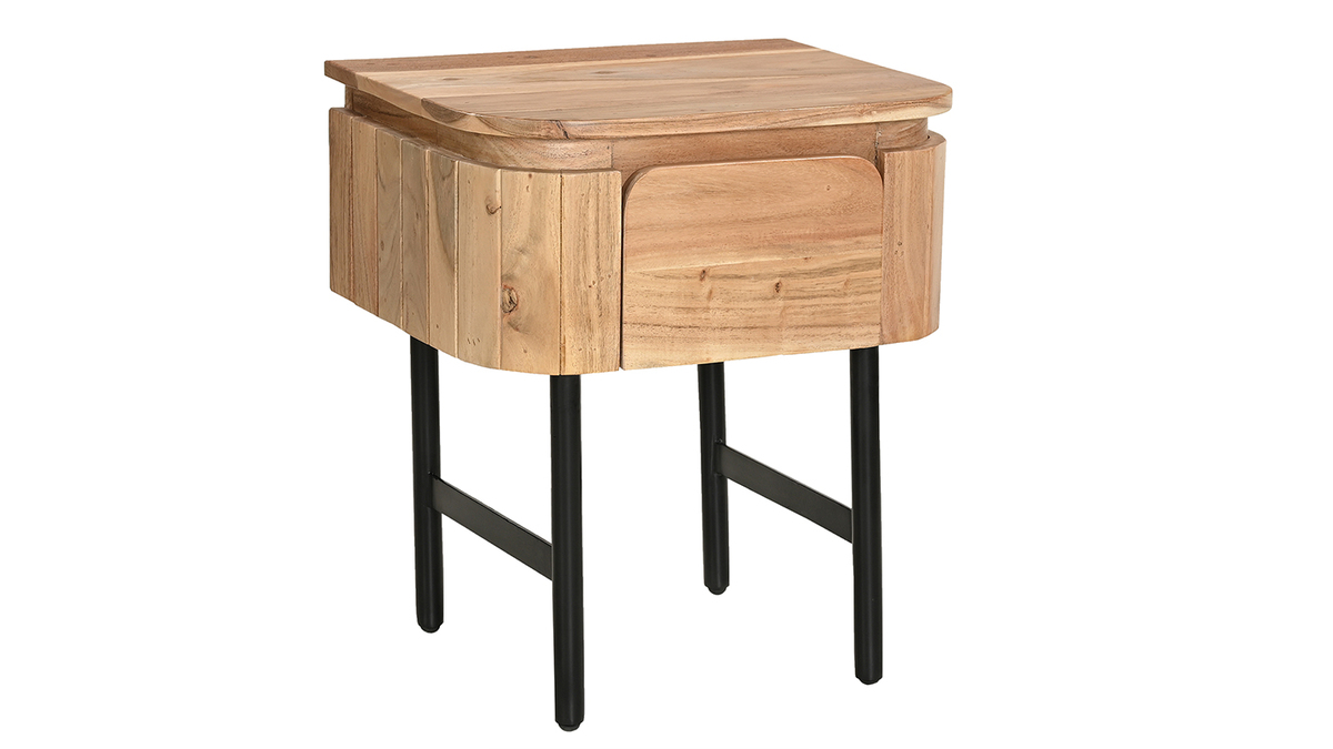Nachttisch aus Massivholz und schwarzem Metall mit Schublade B45 cm NAPOLI