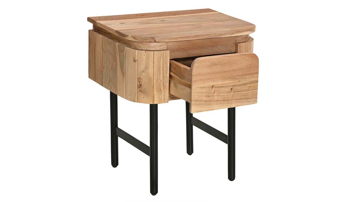 Nachttisch aus Massivholz und schwarzem Metall mit Schublade B45 cm NAPOLI