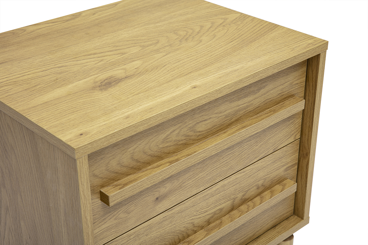 Nachttisch aus Eichenholz, Oberseite und Schubladen sichtbar, skandinavisches Design.