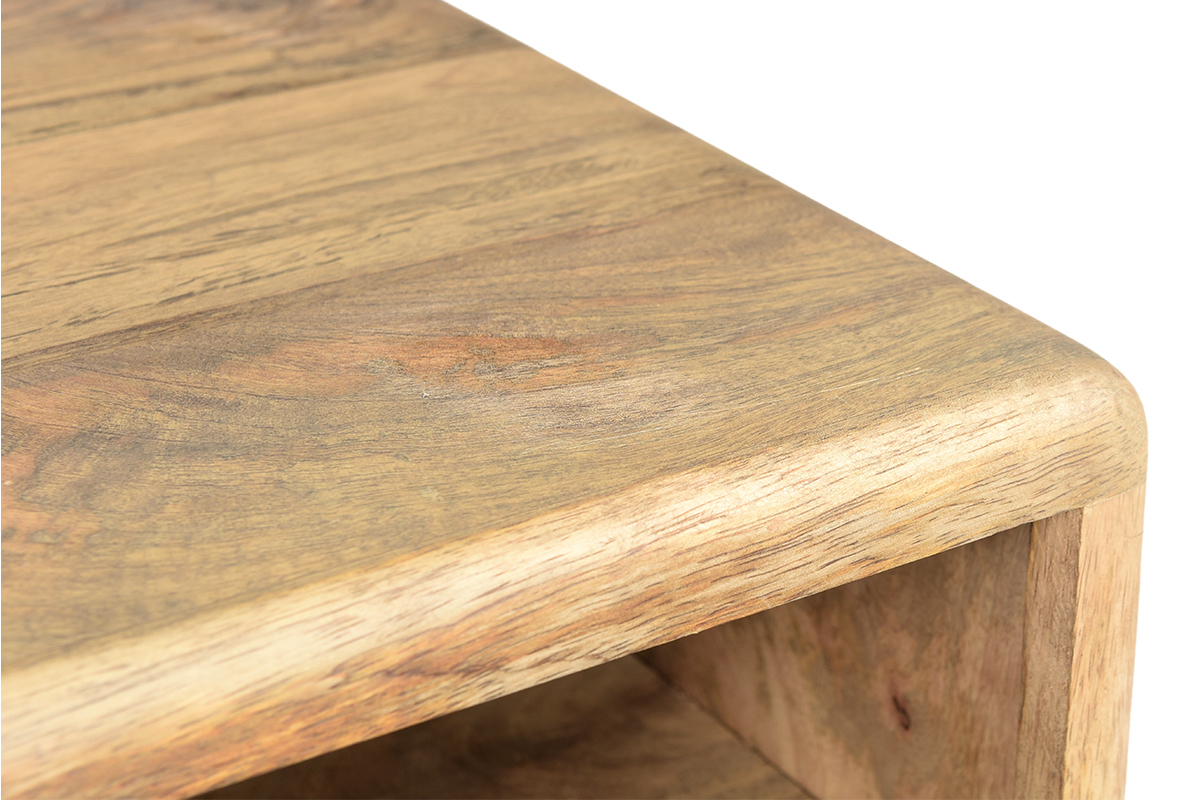 Nachttisch mit Ablagefchern aus hellem, massivem Mangoholz mit Gravuren und schwarzem Metall MORISSON