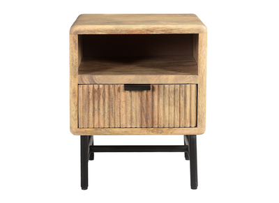 Nachttisch mit Ablagefächern aus hellem, massivem Mangoholz mit Gravuren und schwarzem Metall MORISSON